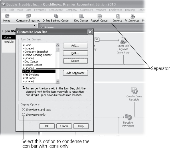 To make icons easy on the eyes, you can add separators between them. Select the entry where you want to insert the separator and then click Add Separator. If screen real estate is at a premium, you can shrink the height of the icon bar by removing icon labels. Select the “Show icons only” option. Without labels to identify what the icons represent, you can see a hint by hovering the cursor over the icon to display its tooltip description.