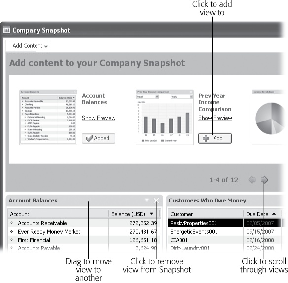 The views that the Company Snapshot offers are common reports that business managers run. But you’re out of luck if you want to add a custom report or graph that’s crucial to tracking your company’s well-being.