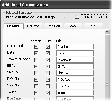 To include a field onscreen, turn on its Screen checkbox. To print a field, turn on its Print checkbox. The Title boxes show the text that appears for the field labels. QuickBooks fills them in with either the field name or a label that identifies the type of form, such as Invoice for the Default Title field. You can edit the labels in the Title boxes.