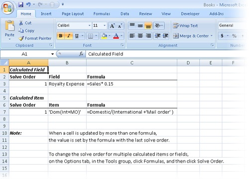 Excel lists calculated fields and items on a new worksheet.