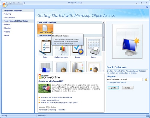 From the Getting Started screen, click Blank Database in the center to open the Blank Database task pane on the right.