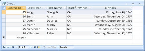 The recordset of the query shown in Figure 28-11 shows only the records that match your criteria.