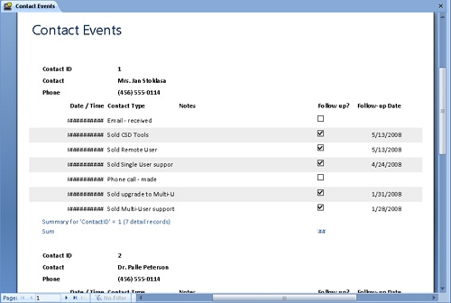 This is the first page of the Contact Events report created using the Report Wizard.