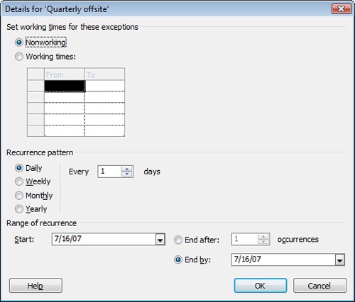 Identify working time exceptions, including recurring exceptions.