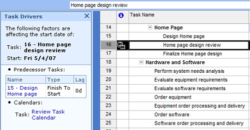 Examine the Task Drivers pane to see the factors responsible for scheduling a task’s start date.