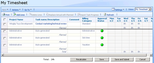 The timesheet can include project tasks as well as nonproject tasks and nonworking time for a particular time period.