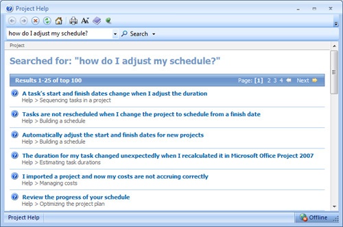 The Project Help pane lists topics related to your search question.