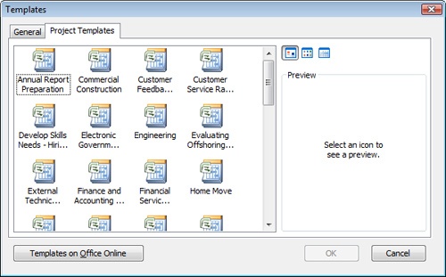 The Project Templates tab lists all templates provided with Microsoft Project.