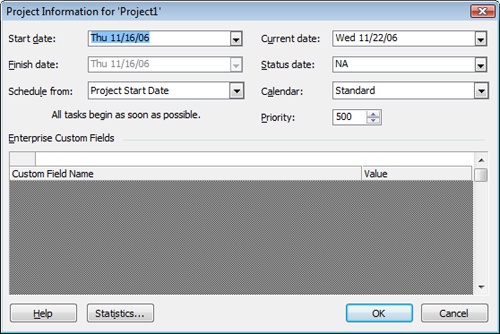 Use the Project Information dialog box to specify settings for the entire project.