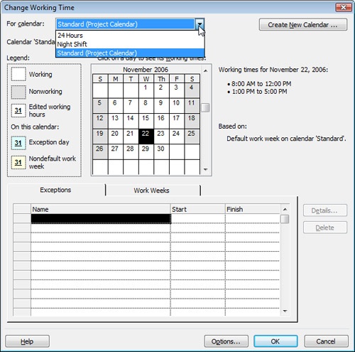 Use the Change Working Time dialog box to modify a base calendar.