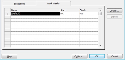 Use the Work Weeks tab to change the default work week or to create alternate work weeks.