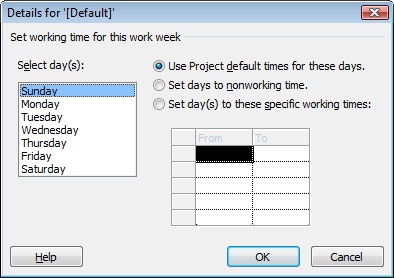 The work week Details dialog box shows the working days and times for the selected work week.