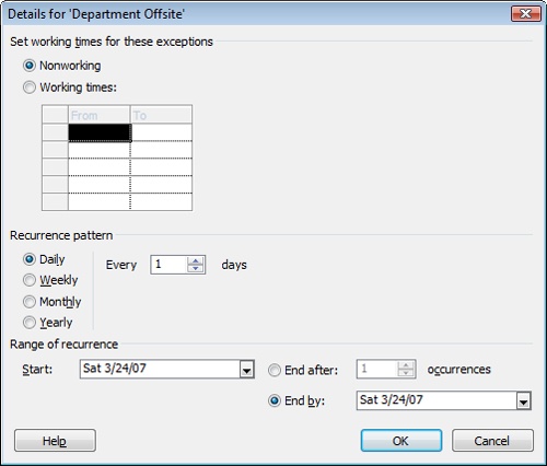 Use the Details dialog box to specify the details about the working times calendar exception.