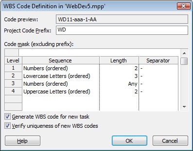 Define your organization’s WBS code format.