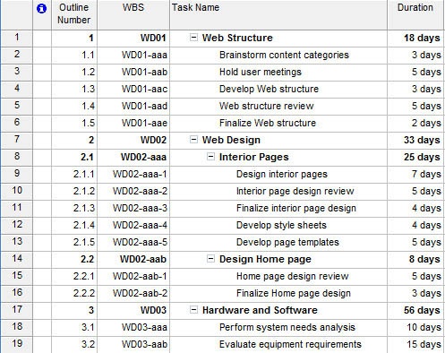 Your newly defined WBS codes replace the default WBS codes derived from the outline numbers.