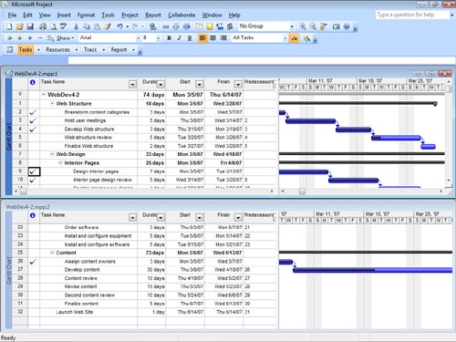 You can independently scroll or change views in the two tiled project windows.