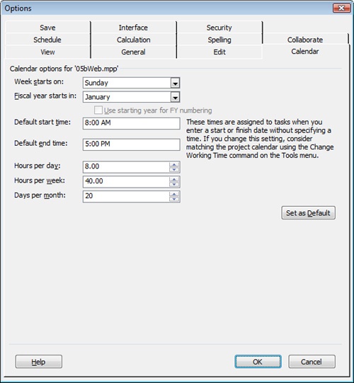 On the Calendar options tab, you can specify the details of your working time units, including the hours, days, and weeks.