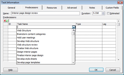 Use the Predecessors tab in the Task Information dialog box to set different types of task dependencies.