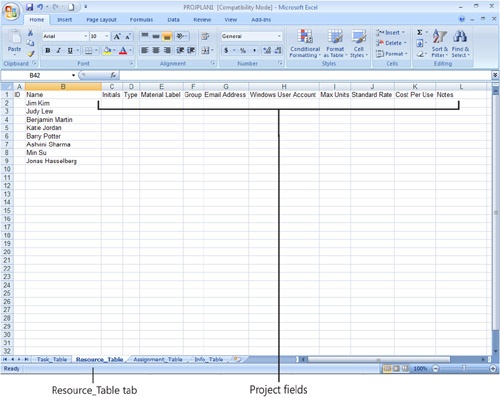 The Resource_Table sheet of the Microsoft Project Plan Import Export Template in Excel contains the most commonly used resource fields.