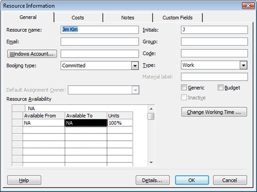 Use the Resource Information dialog box to view or enter details about a resource.