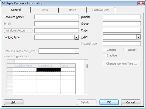 Use the Multiple Resource Information dialog box to make a global change to all selected resources.