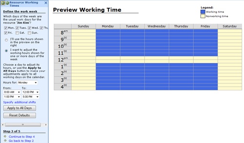 The Resource Working Times pane of the Project Guide assists you through the process of setting resource calendars.