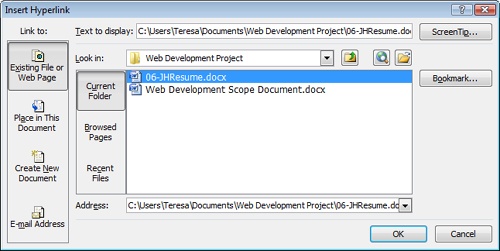 The path and name of the selected document appear in the Address box.