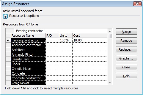 Use the Assign Resources dialog box to specify which resources are to be assigned to which tasks, and for how much of their available time.