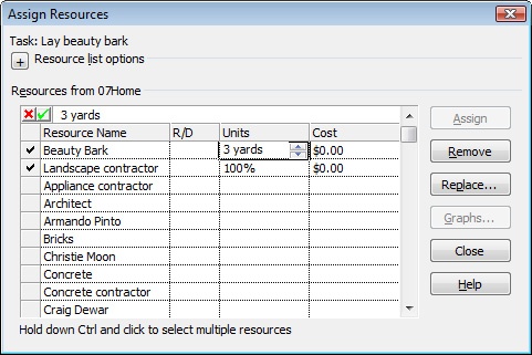 Change the default of 1 unit to the appropriate quantity of material to be used to complete the selected task.