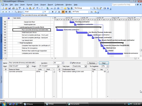 Detailed task and assignment information is shown in the Task Form in the lower pane for the task selected in the Gantt Chart in the upper pane.