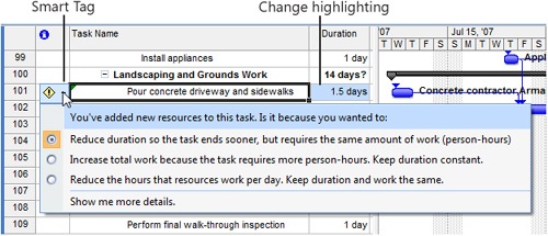 The Smart Tag informs you of the ramifications of adding a resource to the task. These results are based on the task type.