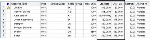 Specify each work resource’s standard pay rate and applicable overtime rate in the Resource Sheet.