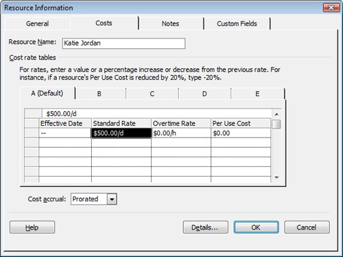 Use the cost rate tables in the Resource Information dialog box to specify different resource rates.