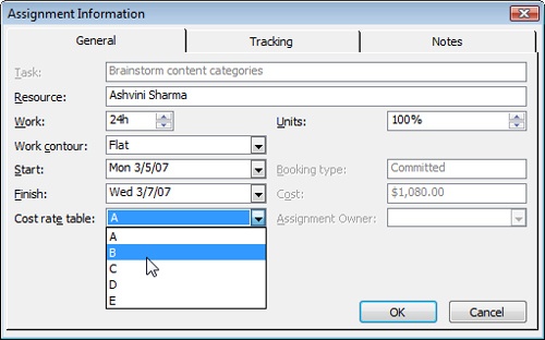 In the Assignment Information dialog box, select which cost rate table should be used for this assignment.