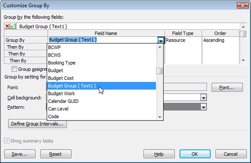 Use the Customize Group By dialog box to select the name of the field you used to categorize your resources by their budget type.