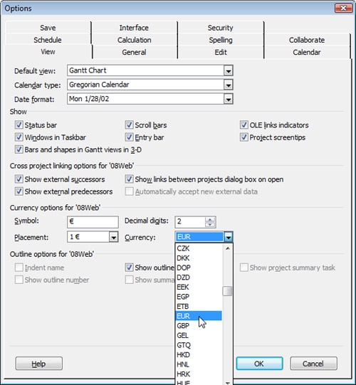 Use the View tab in the Options dialog box to specify the currency you want to use in this project plan.