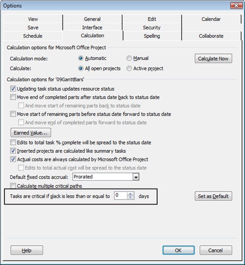 Specify the amount of slack that you want to define a critical task in your project plan.