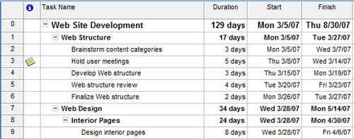 The Project Summary row rolls up task information to display the totals for the entire project.