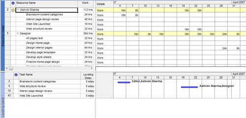 The Leveling Gantt portion of the Resource Allocation view displays details about the tasks assigned to the resource selected in the Resource Usage view.