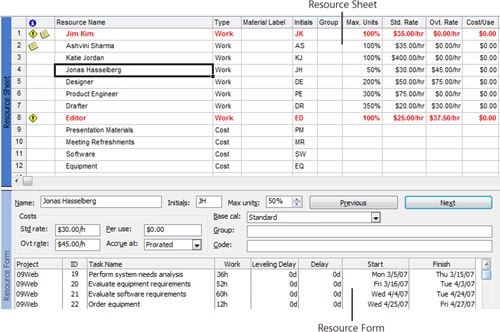 The Resource Form displays details about the resource selected in the upper portion of the view.