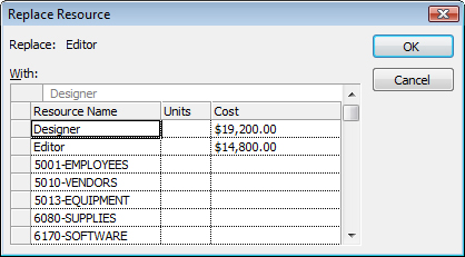 Use the Replace Resource dialog box to remove one resource and add a different one in a single operation.