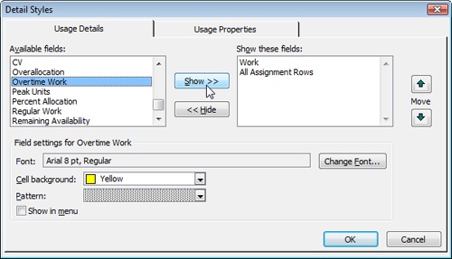 Use the Detail Styles dialog box to add another row of timephased information to the timephased portion of the Resource Usage or Task Usage view.