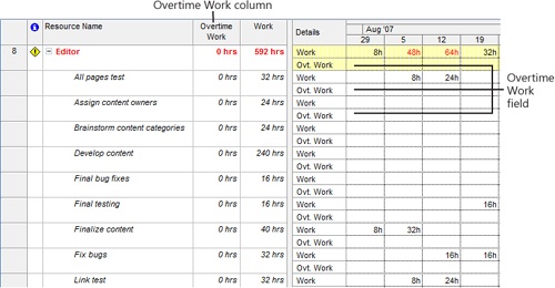 Add the Overtime Work field to the sheet and timephased portion of the Resource Usage view.