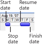 Drag the Gantt bar to represent when the task stops and when it resumes again.