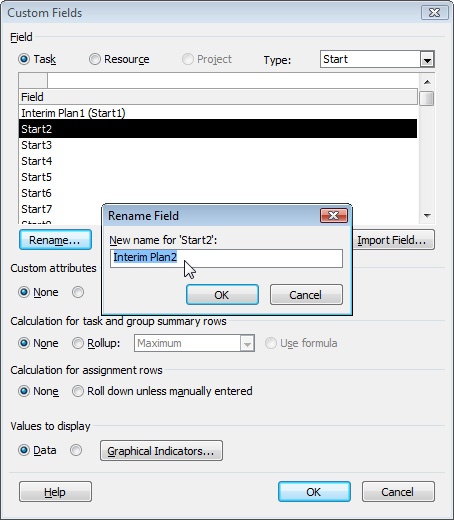 To prevent confusion, rename the custom start and finish fields you are using for interim plans.