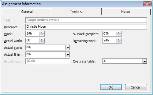 Use the Tracking tab in the Assignment Information dialog box to update progress for an assignment.