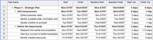 The Variance table shows the currently scheduled start and finish dates as compared with the baseline start and finish dates (including the differences between them).