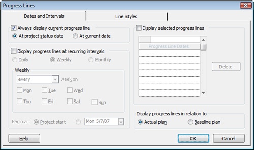 Set progress lines in the Gantt Chart using the Progress Lines dialog box.