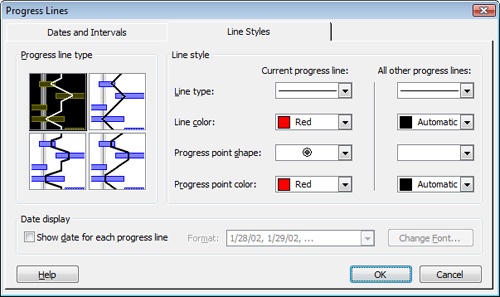 Use the Line Styles tab in the Progress Lines dialog box to customize how progress lines appear in your Gantt Chart.