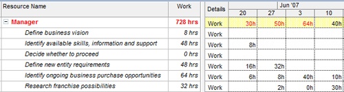 The Resource Usage view shows how resources are allocated for each time period, as well as the specific assignments that contribute to that allocation.